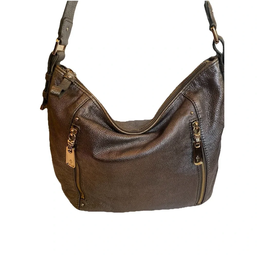 Cole Haan large Hobo bag‎ antique silver Pebble Leather Shoulder Bag zippers